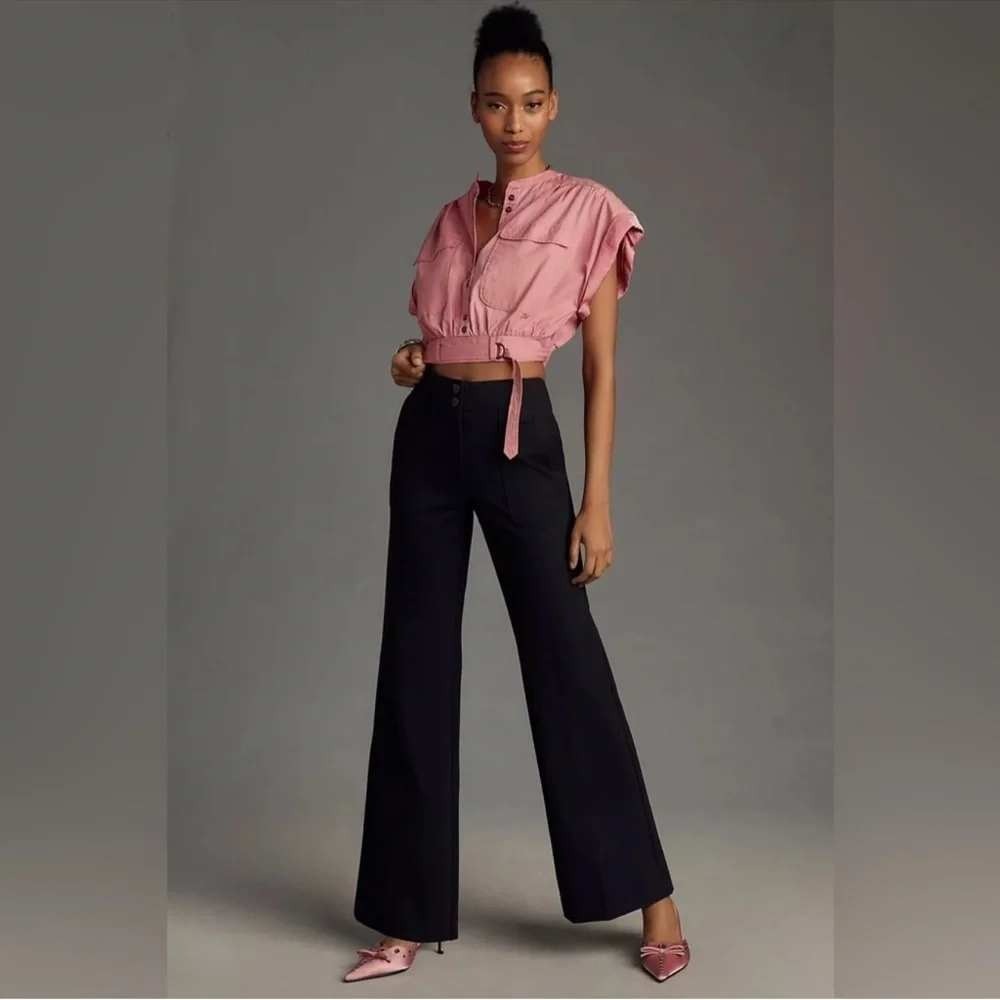 Maeve Anthropologie The Naomi Wide Leg Flare Pants Black Linen Blend 12P Petite